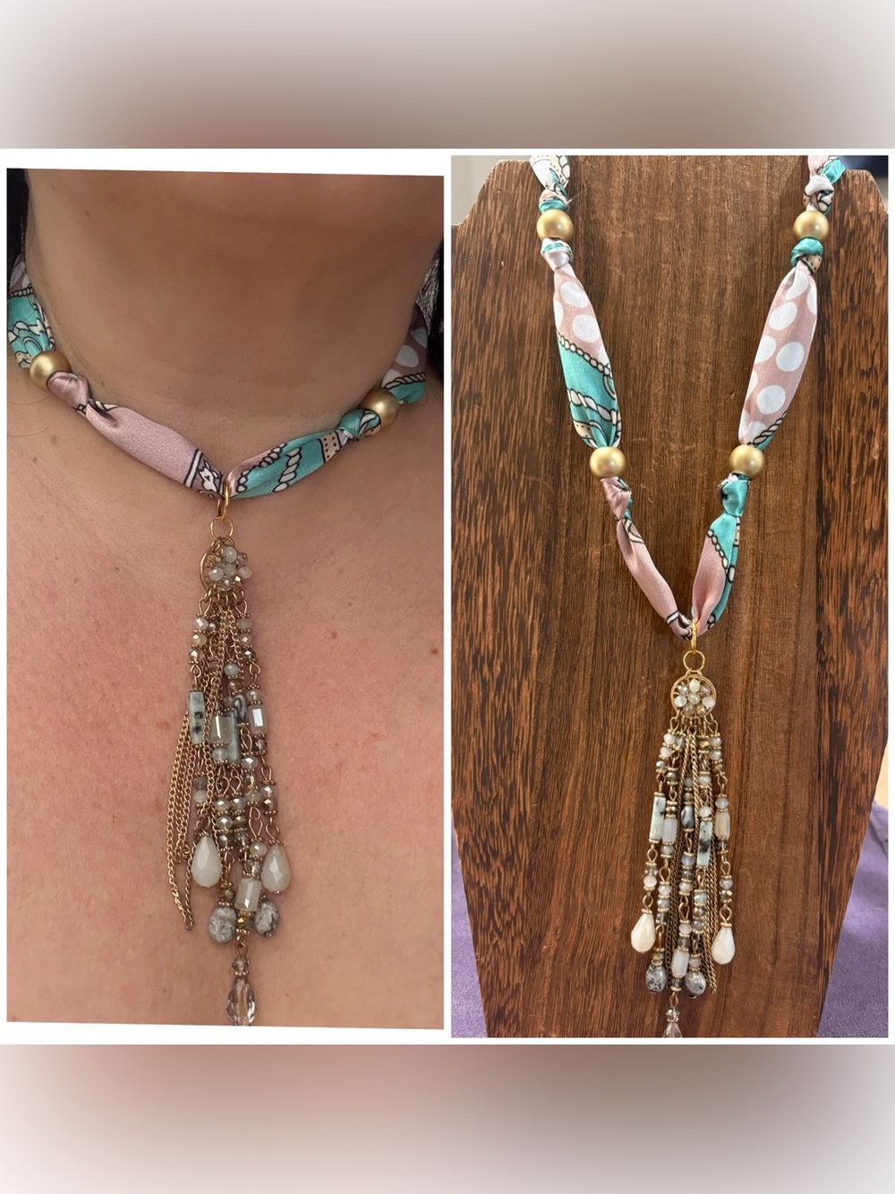 Handmade- Gold Tassel Pendant silky tie Necklace